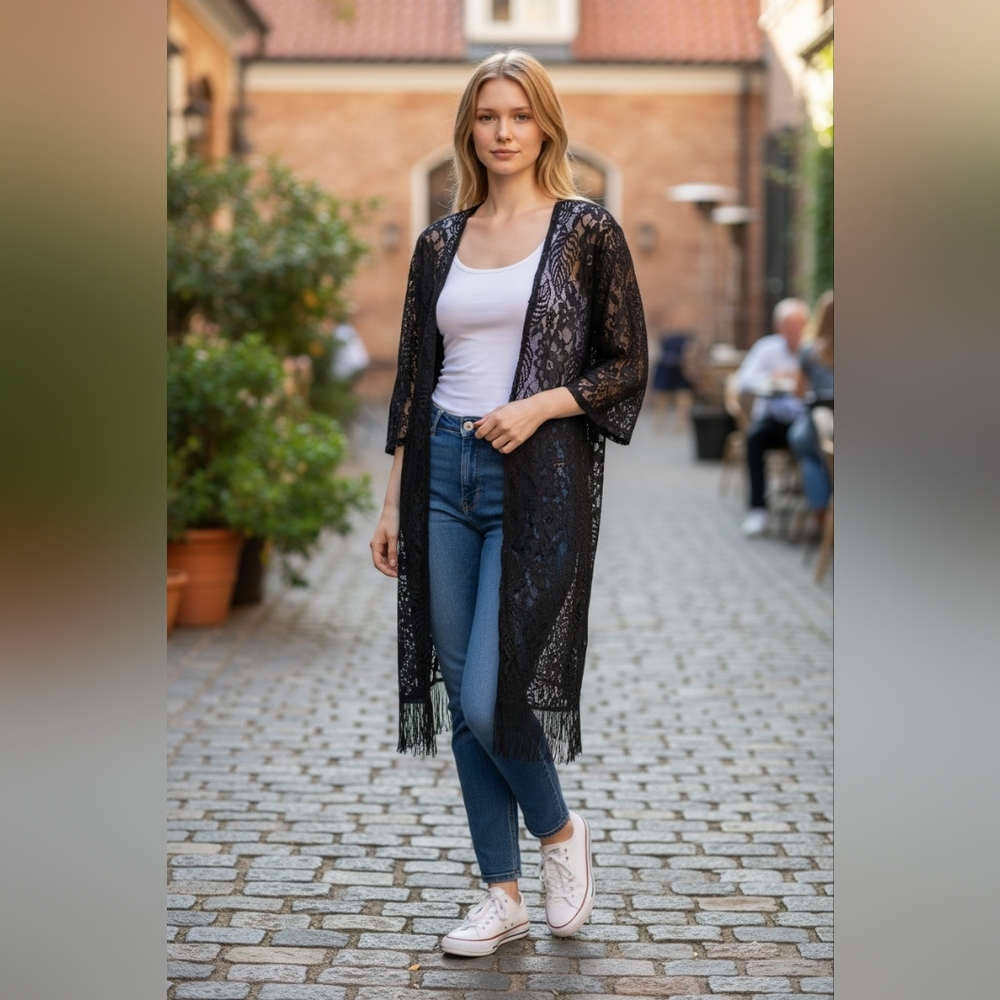 Black Lace Floral Kimono with Fringe